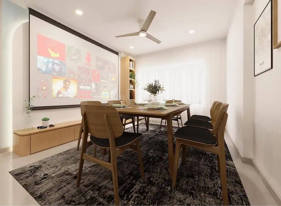 Scandinavian dining room with wooden furniture, projector screen, and minimalist decor.