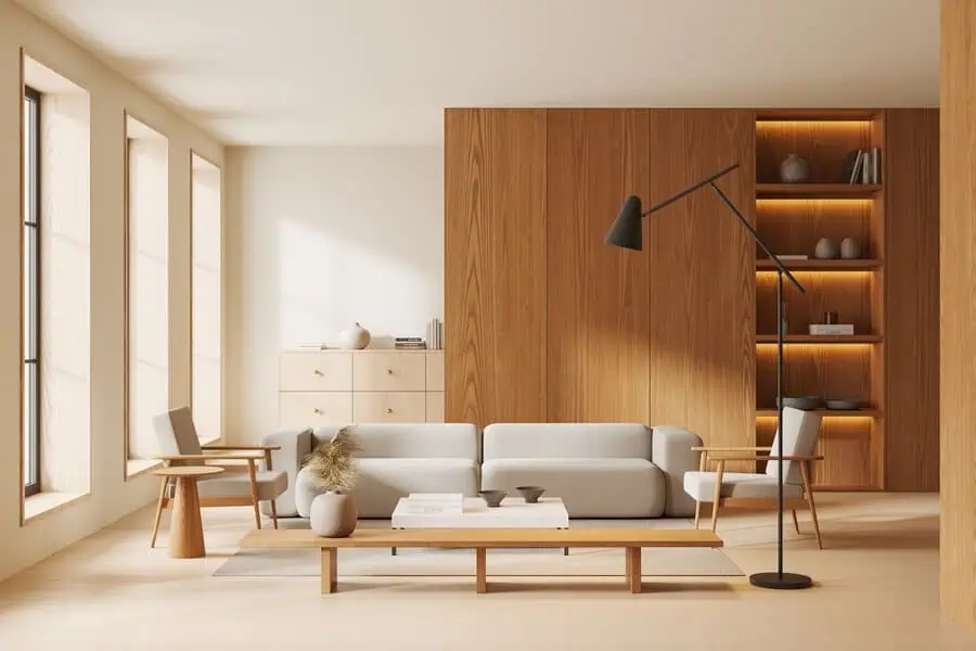 Scandinavian living room with wooden accents, light furniture, and minimalist decor.