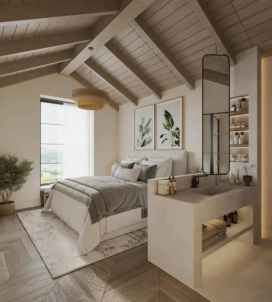 Modern Spanish-style bedroom with wooden vaulted ceiling, neutral tones, and natural decor accents.