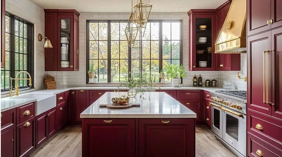 Luxurious kitchen with burgundy cabinets, brass accents, marble countertops, and large windows.