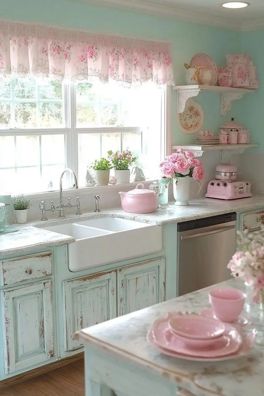 Shabby chic kitchen with distressed pastel cabinets, farmhouse sink, and pink decor accents.