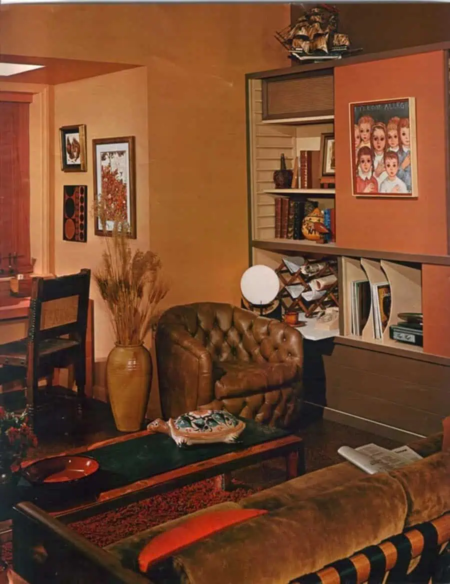 1960s elegant living room with warm tones, vintage furniture, and retro decor accents.