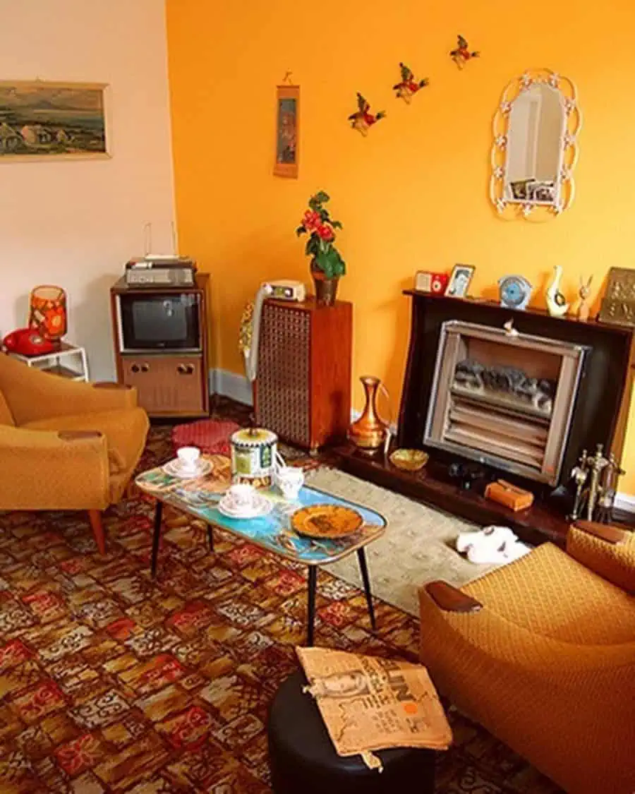 1960s retro living room with bold colors, vintage furniture, and nostalgic decor accents.