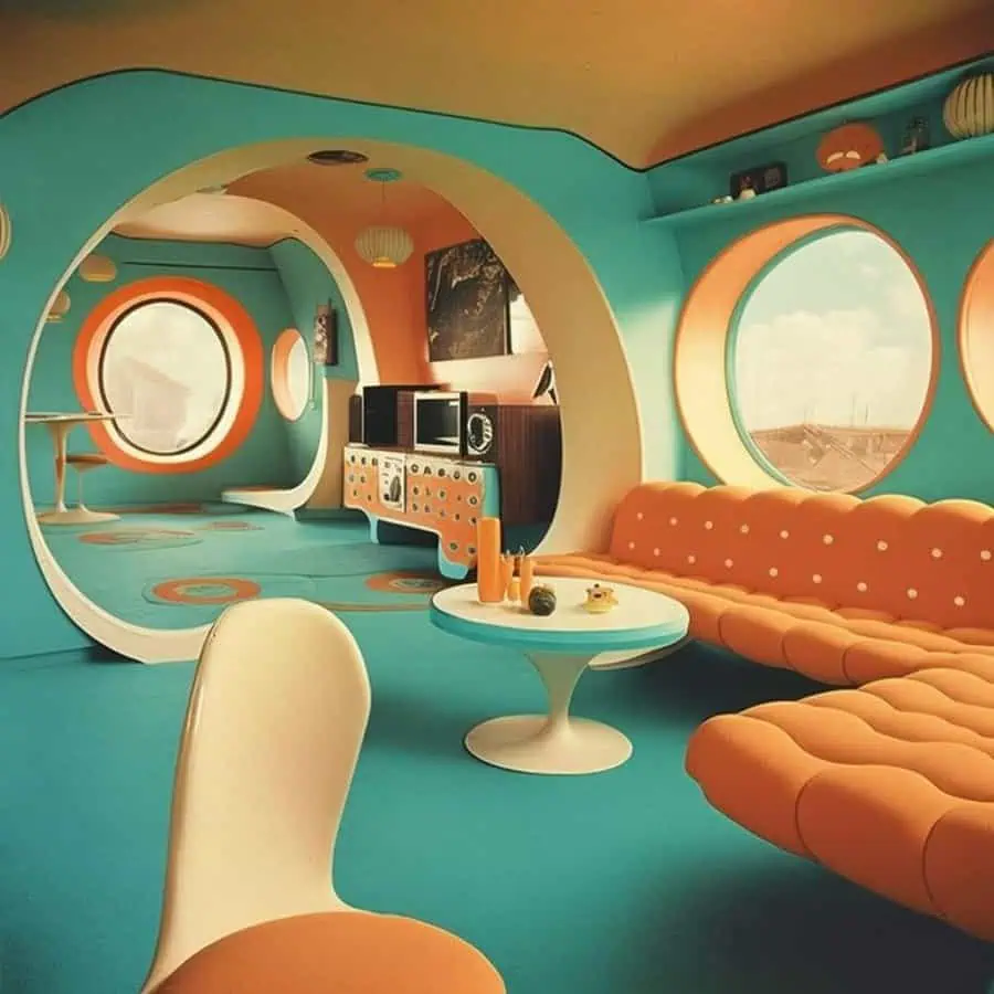 1960s futuristic living room with bold colors, round windows, retro furniture, and space-age design.