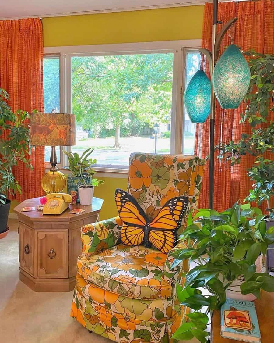 1960s retro living room with floral armchair, vibrant decor, vintage lighting, and houseplants.