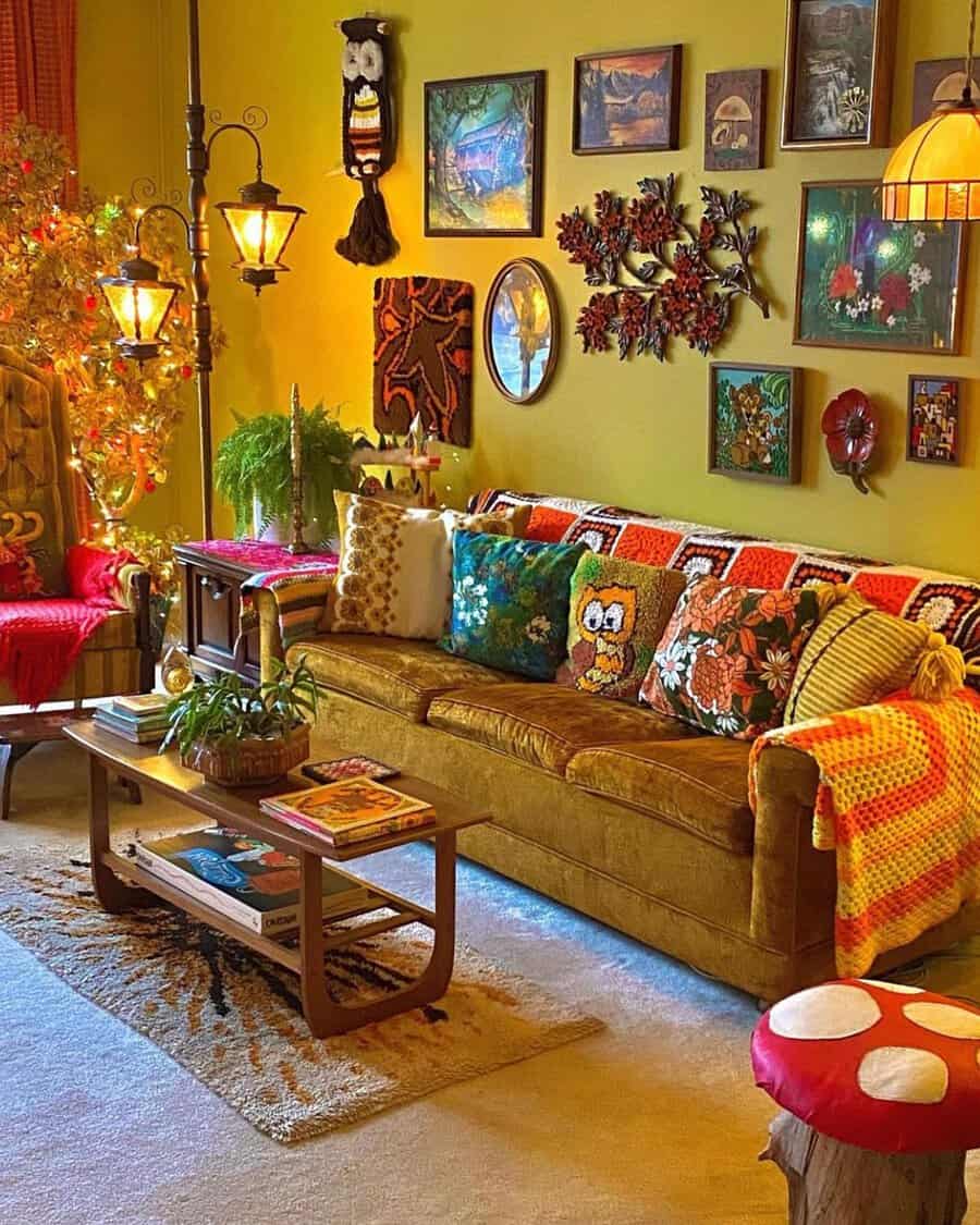 1960s living room with a retro vibe, featuring warm tones, vintage furniture, and eclectic decor.