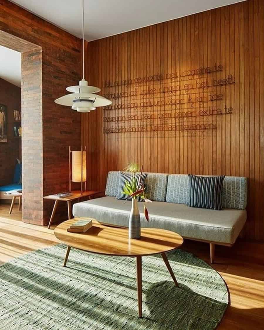 1960s mid-century modern living room with wood paneling, sleek furniture, and retro lighting.