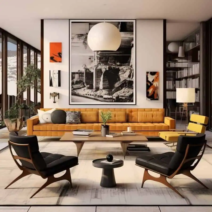 1960s-inspired living room with mid-century modern furniture, bold colors, and retro artwork.