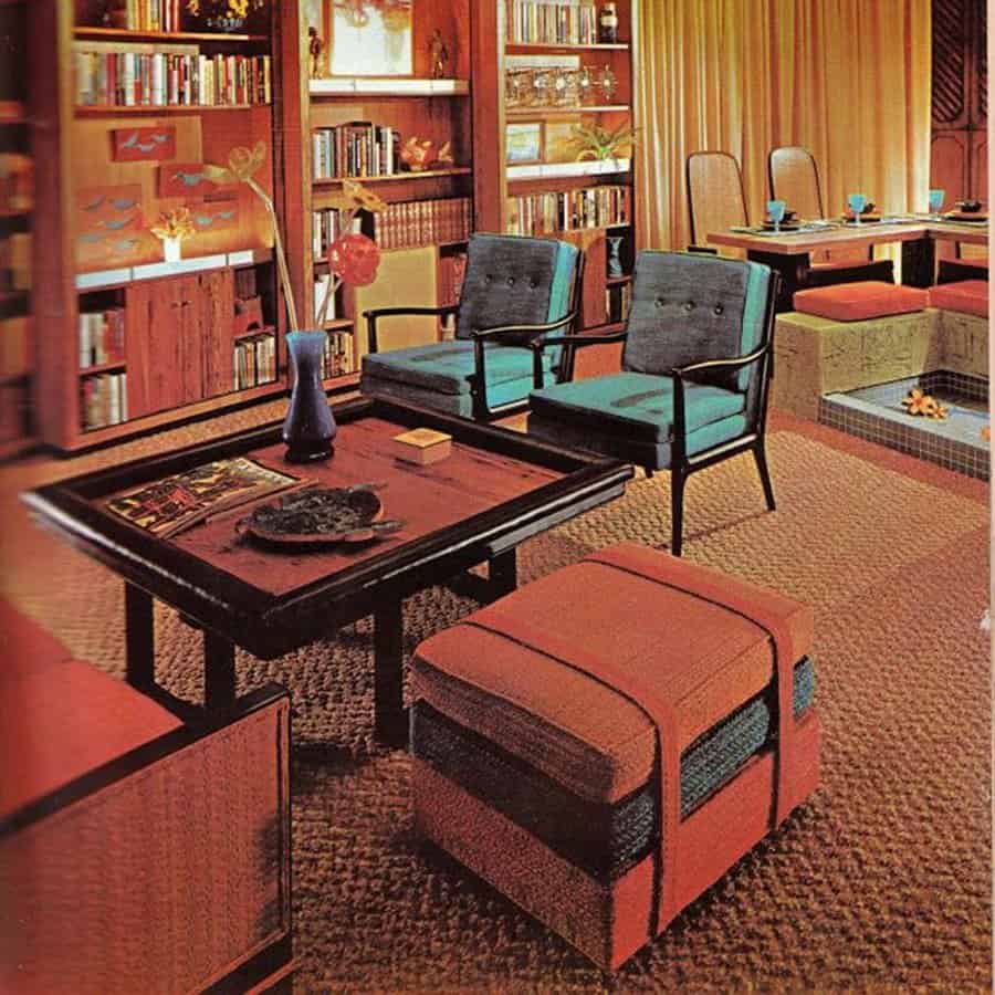 1960s living room with warm tones, vintage furniture, built-in bookshelves, and a retro sunken seating area.