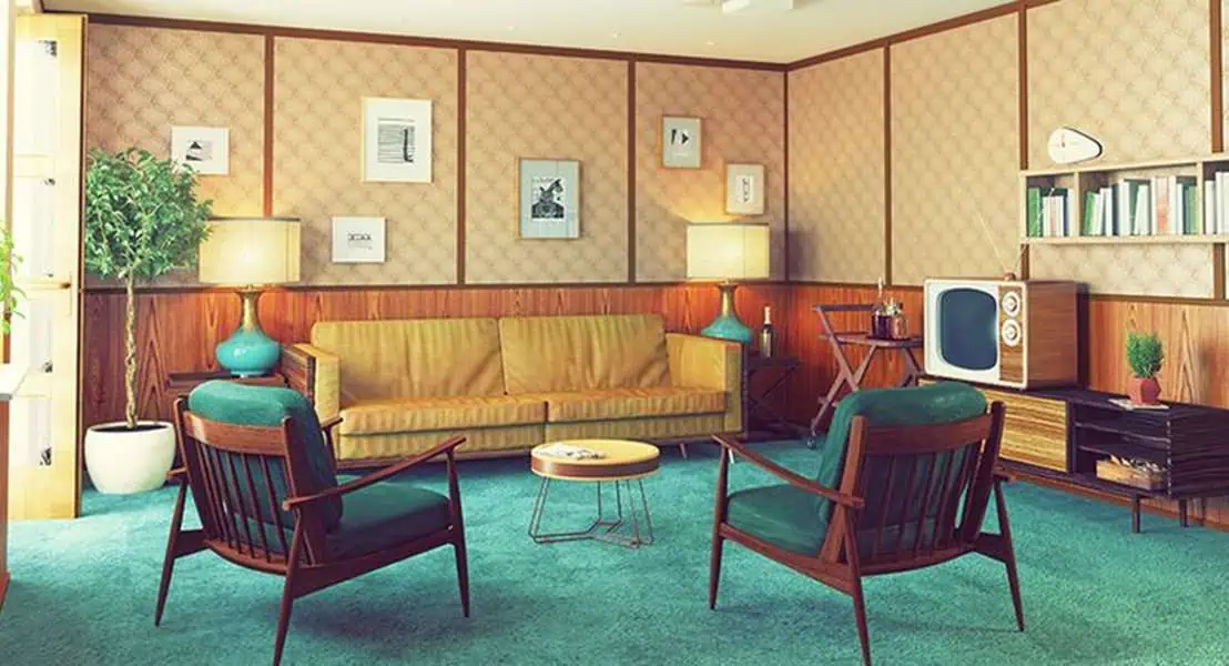 1960s retro living room with vintage furniture, patterned wallpaper, and a classic tube television.