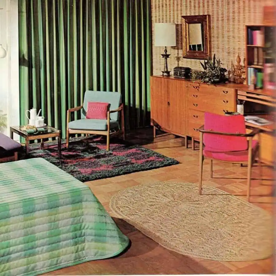 1960s bedroom with bold colors, statement rugs, vintage furniture, and mid-century modern decor.