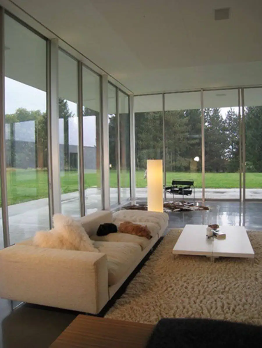 1960s minimalist living room with floor-to-ceiling windows, sleek furniture, and a cozy shag rug.