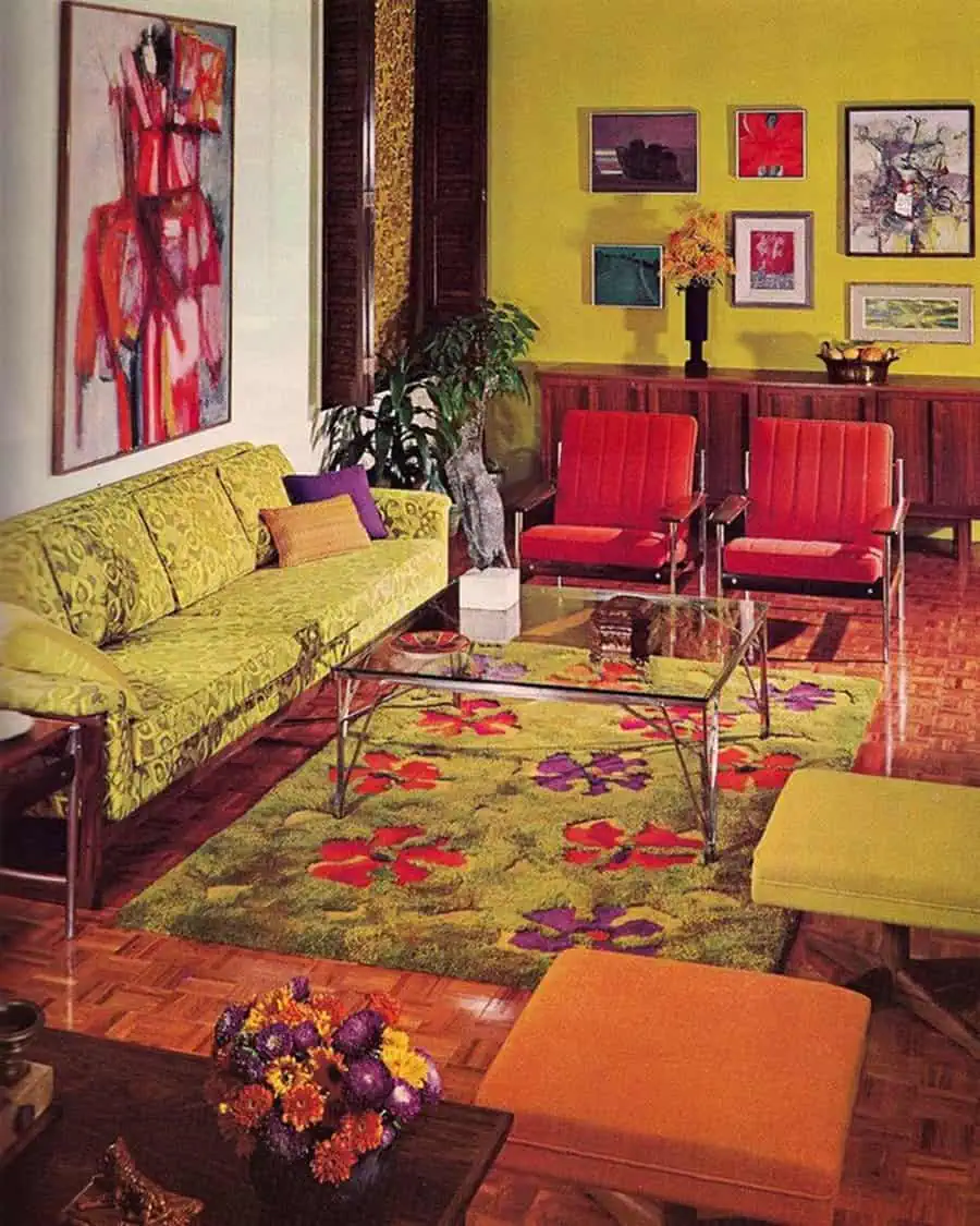 1960s vintage living room with bold colors, floral patterns, and retro mid-century modern furniture.