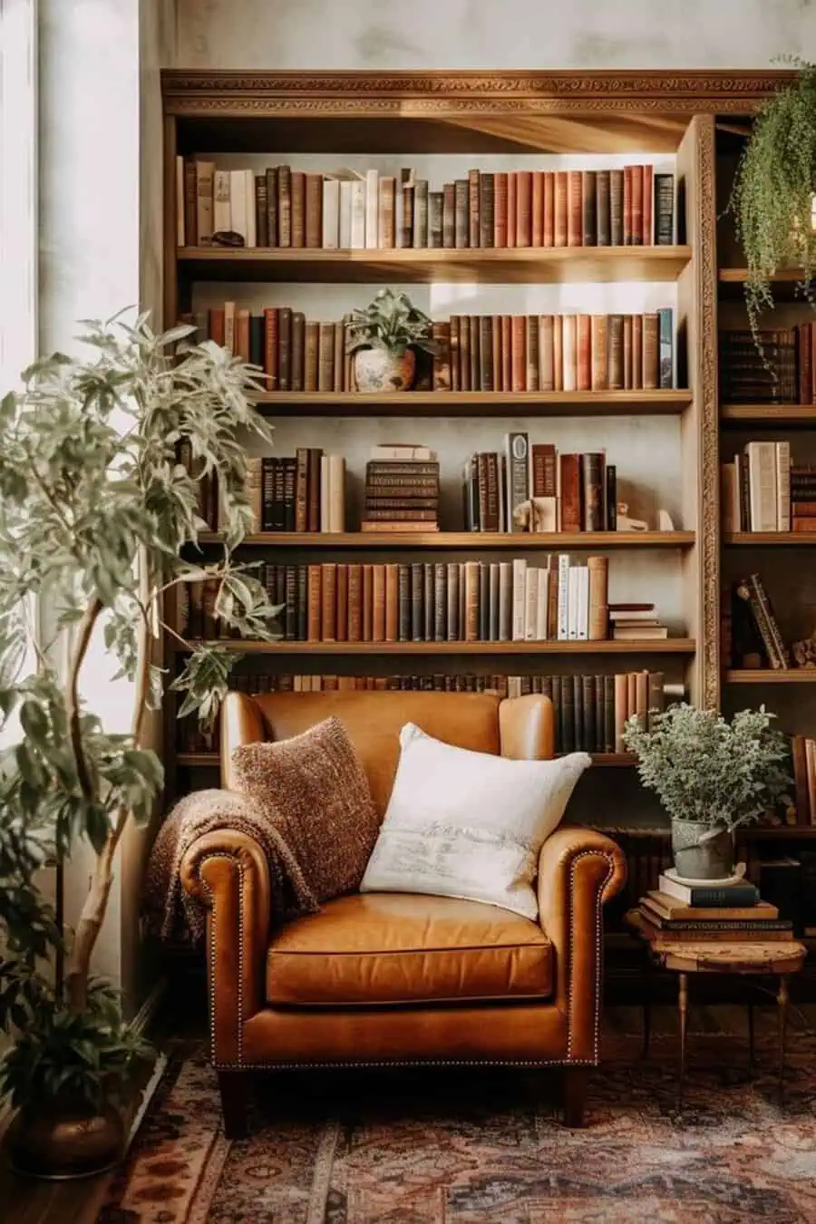 Cozy aesthetic living room with a vintage bookshelf, leather armchair, and warm lighting.