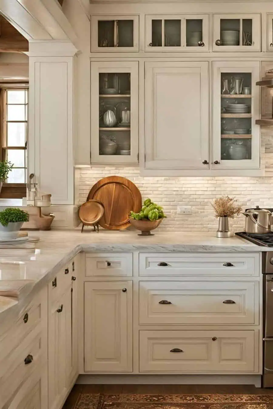 Antique white backsplash adds a vintage charm to white cabinets for a timeless, elegant kitchen.