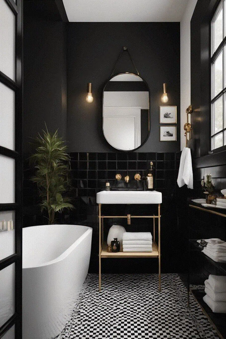 Black and white bathroom with gold accents, a freestanding tub, and a modern vanity.