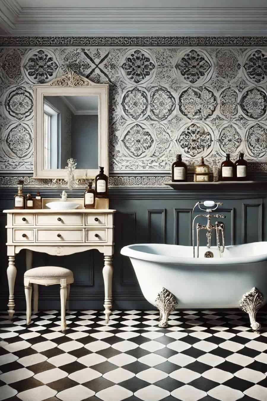 Black and white bathroom with vintage wallpaper, clawfoot tub, and checkered floor tiles.