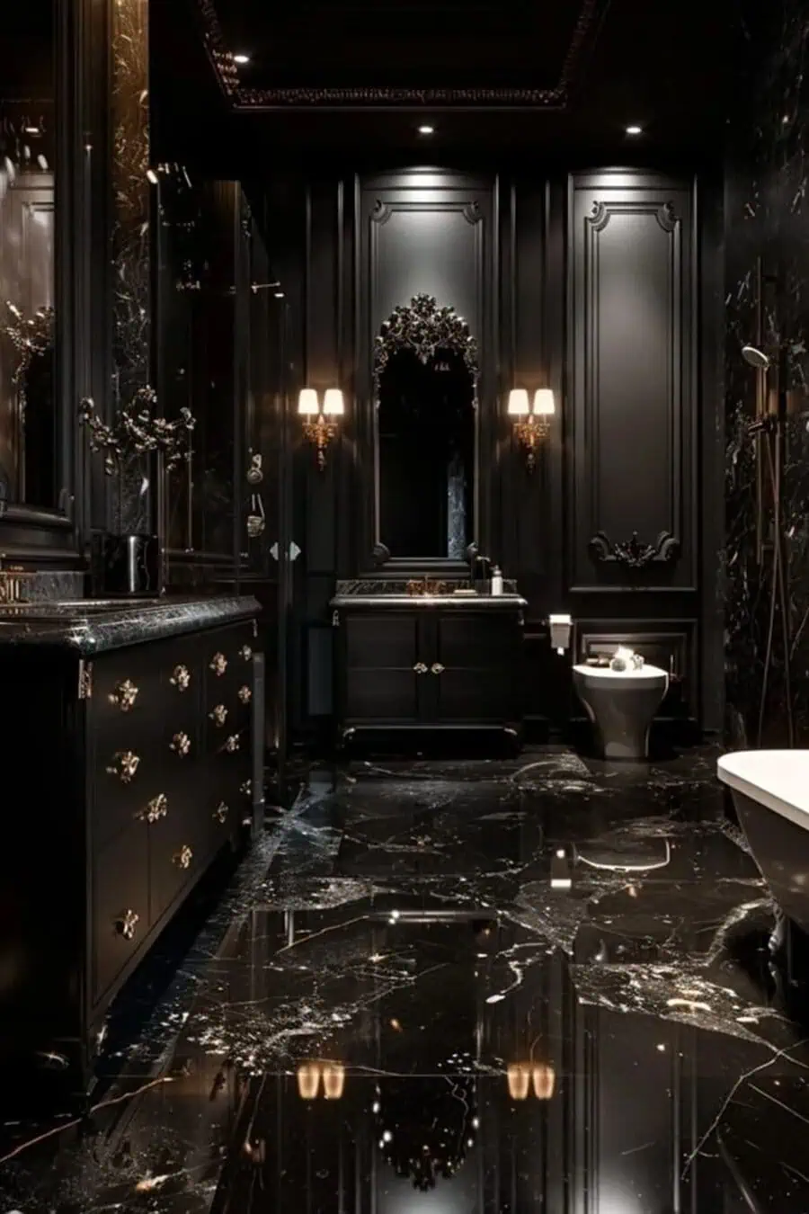 Luxury black bathroom with metallic gold finishes, marble flooring, and elegant vanity details.