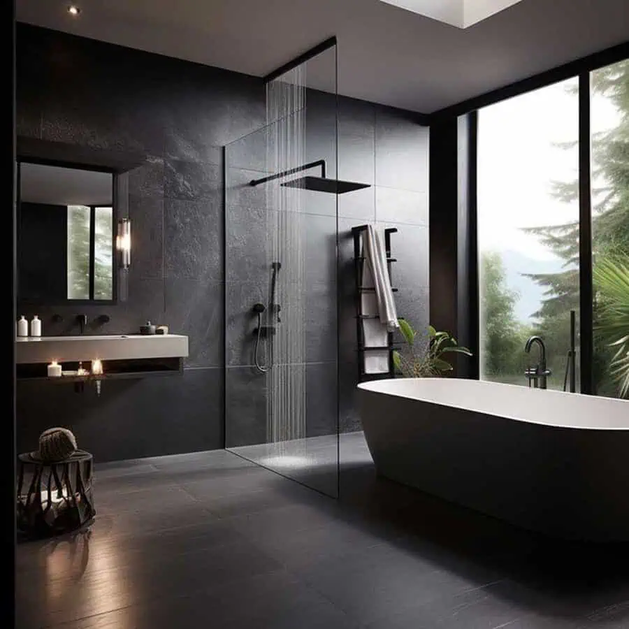 Modern black bathroom with a freestanding tub, open shower, and floor-to-ceiling windows.