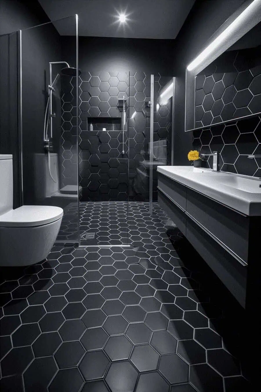 Modern black bathroom with hexagonal tiles, glass shower, and sleek floating vanity.