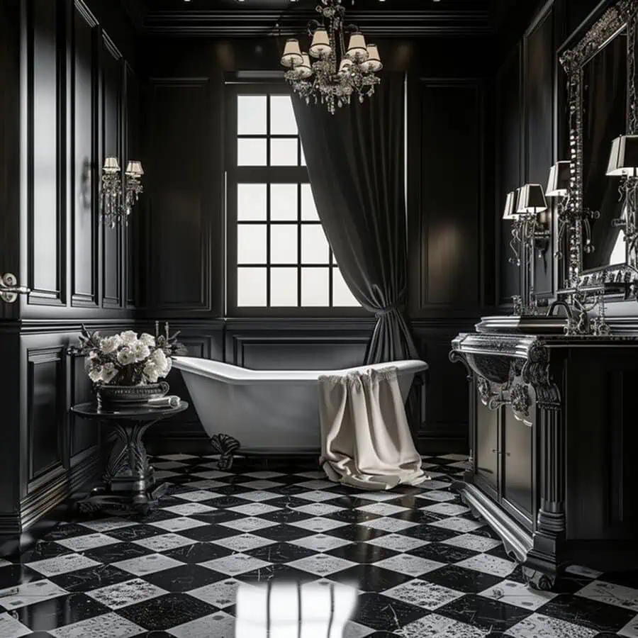 Elegant black bathroom with a clawfoot tub, vintage chandelier, and checkered marble flooring.