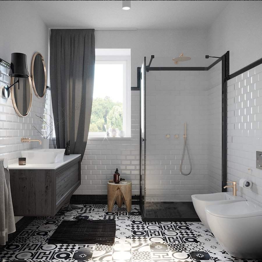Black and white bathroom with a floating vanity, patterned floor tiles, and a glass shower.