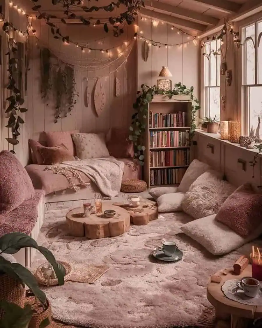 Boho-chic living room with a cozy reading nook, warm lighting, and a decorative bookshelf.