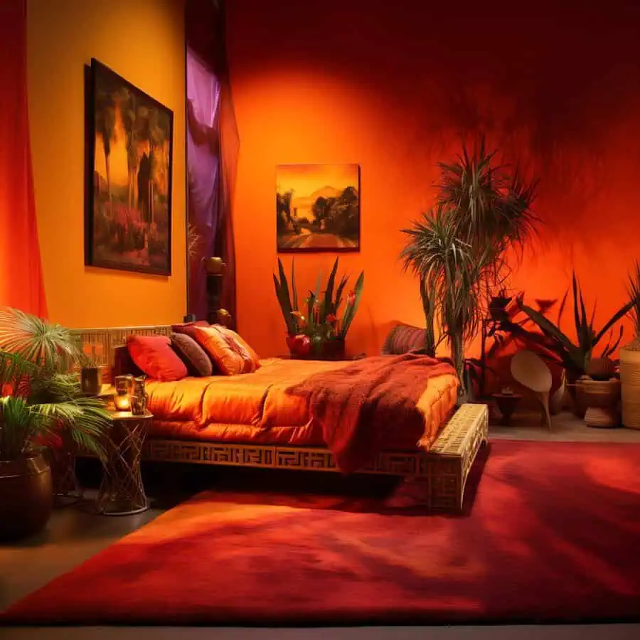 Boho chic orange bedroom with warm lighting, textured bedding, lush greenery, and artistic decor.