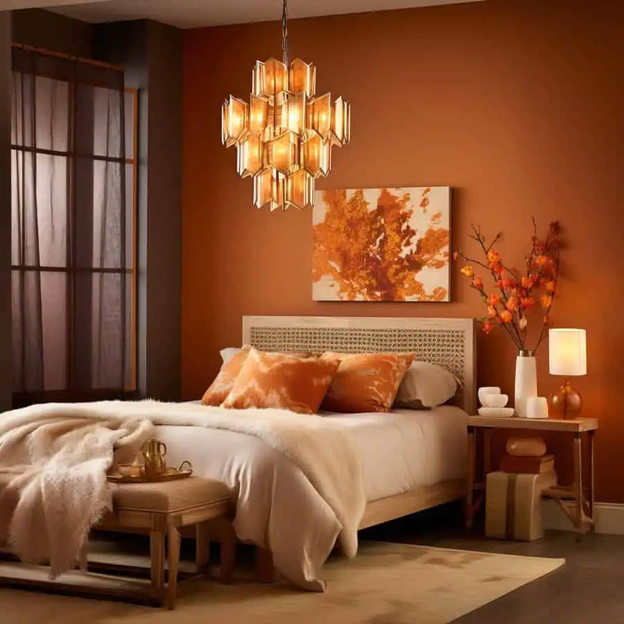 Boho chic orange bedroom with rattan furniture, warm lighting, textured bedding, and natural decor.