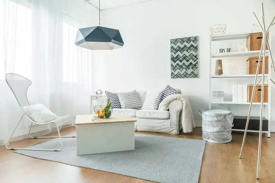 Carpeted living room with a white sofa, geometric pendant light, and minimalist decor.