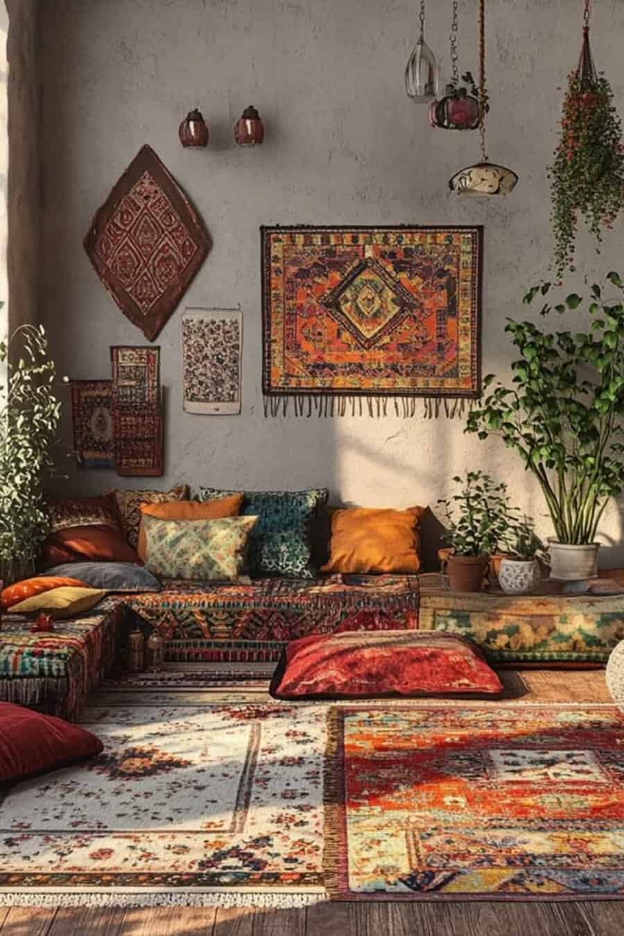 Bohemian carpeted living room with vibrant rugs, floor seating, and eclectic decor.