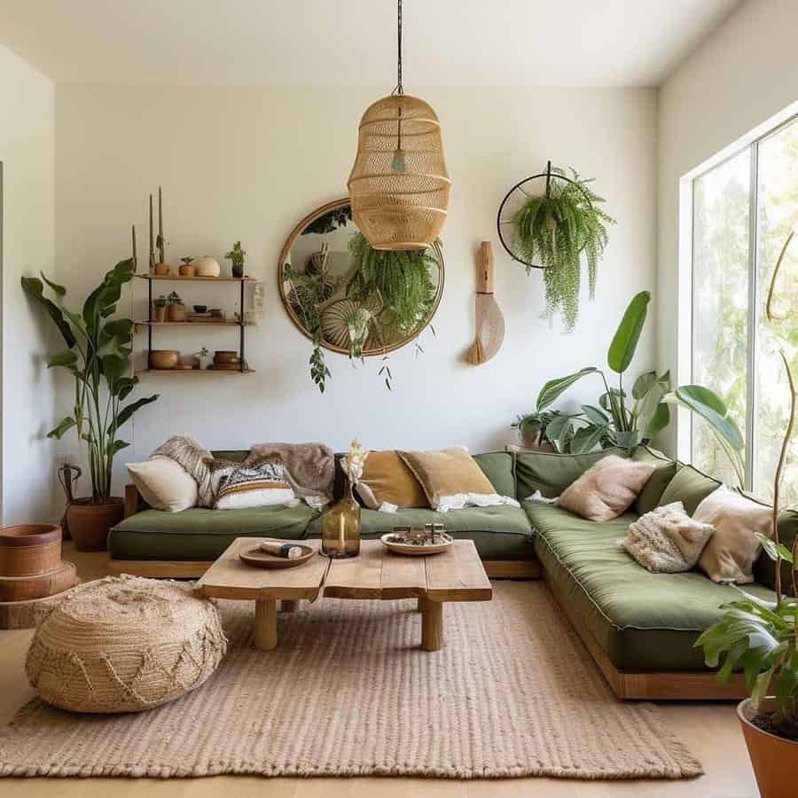 Boho-style carpeted living room with a green sectional, woven decor, and lush indoor plants.