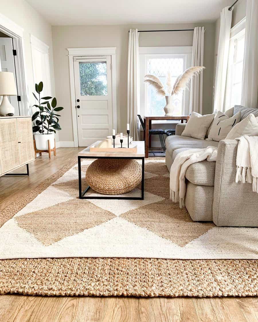 Neutral-toned carpeted living room with a cozy sofa, layered rugs, and natural decor accents.