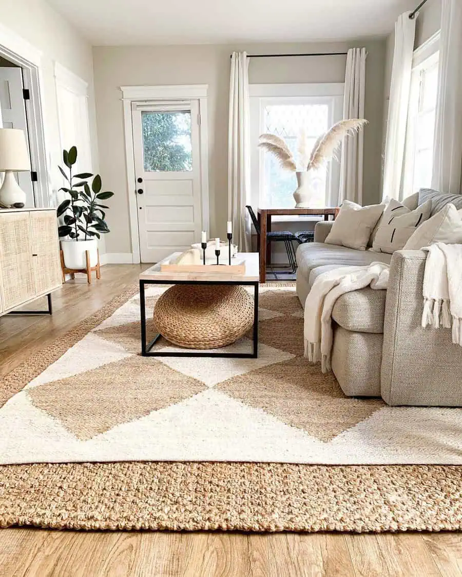 Neutral-toned carpeted living room with a cozy sofa, layered rugs, and natural decor accents.