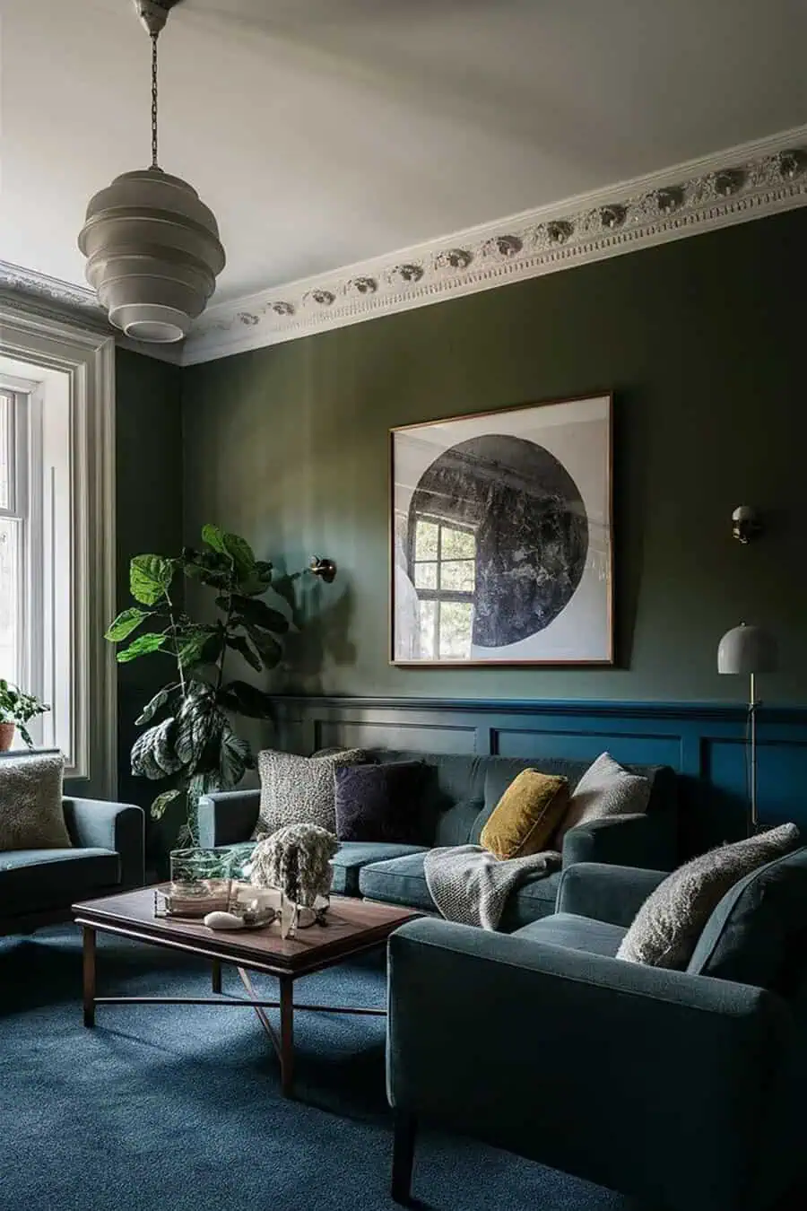 Moody carpeted living room with deep green walls, velvet seating, and modern decor accents.