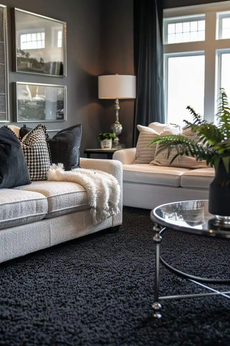 Elegant carpeted living room with black and white decor, plush seating, and modern accents.