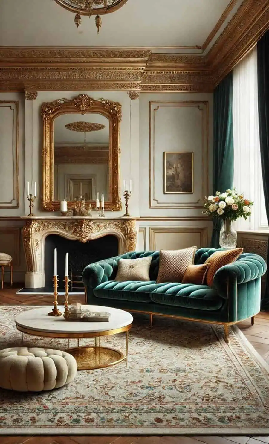 Luxurious carpeted living room with a velvet emerald sofa, ornate gold accents, and a fireplace.