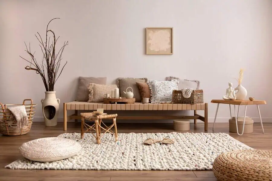 Carpeted living room with a boho-inspired design, woven furniture, and neutral tones.