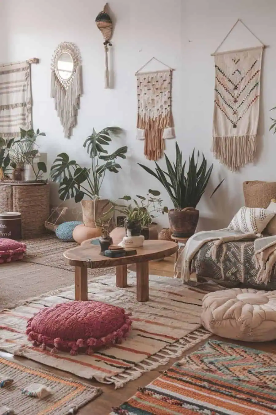 Boho-style carpeted living room with layered rugs, wooden furniture, and macrame wall decor.