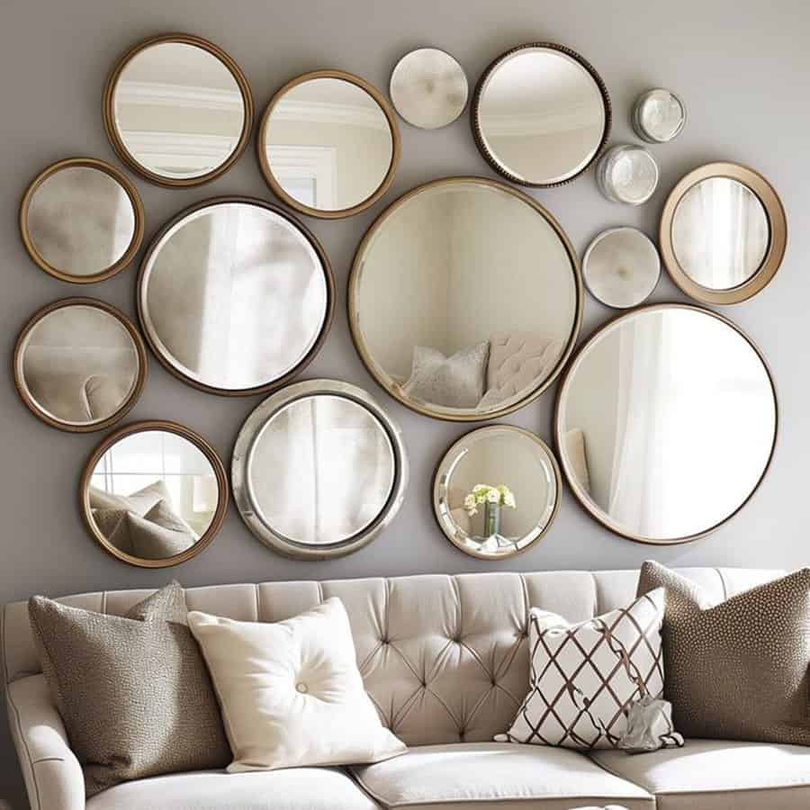 Cluster of round mirrors with gold frames arranged above a beige tufted sofa, creating an elegant wall feature.