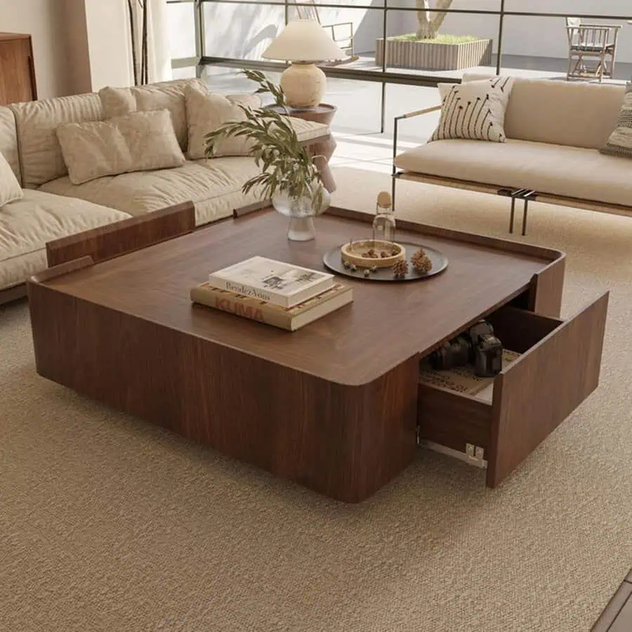 Coffee table with warm wood tones, hidden storage, and a cozy neutral-toned living room.