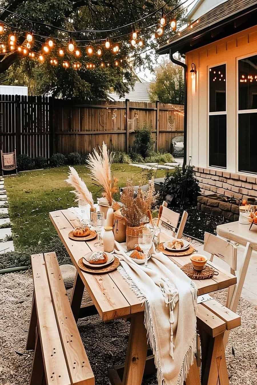 Cozy fall-themed housewarming party with warm lighting, rustic decor, and an elegant outdoor table setup.