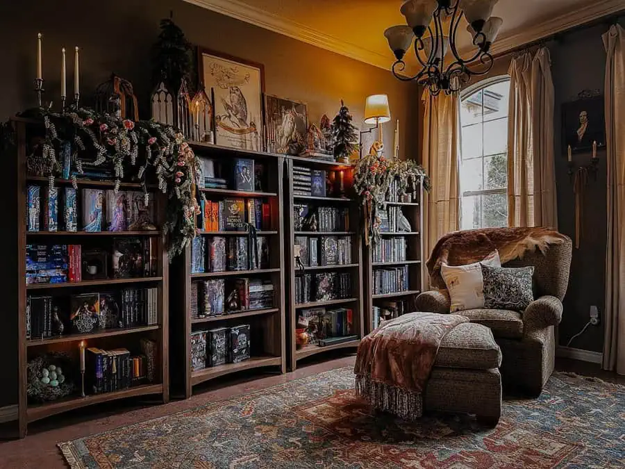 Warm and cozy living room with dark wood bookshelves, soft lighting, and vintage decor.