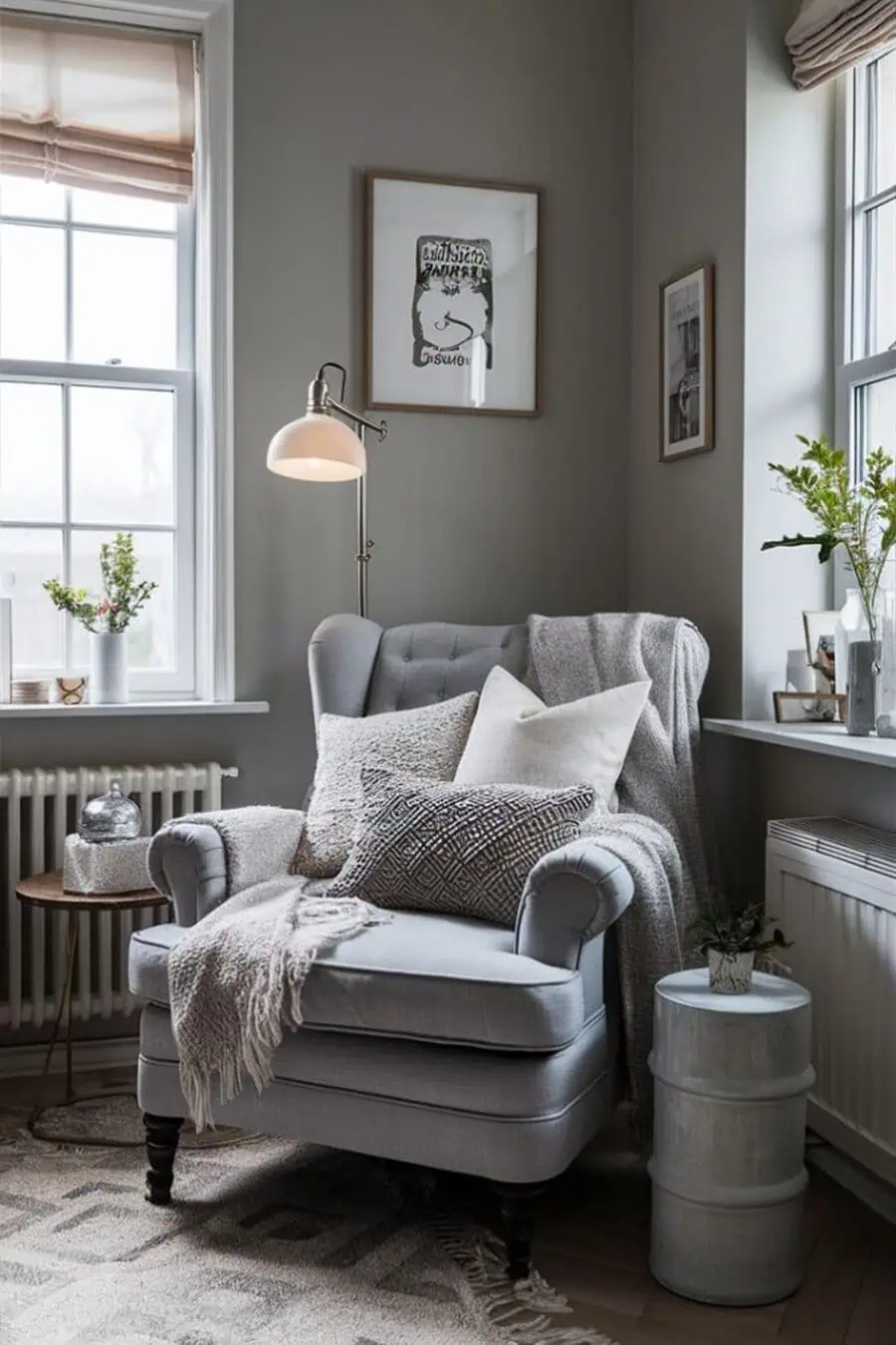 Cozy reading nook with a tufted armchair, soft pillows, and warm lighting in a grey-toned room.