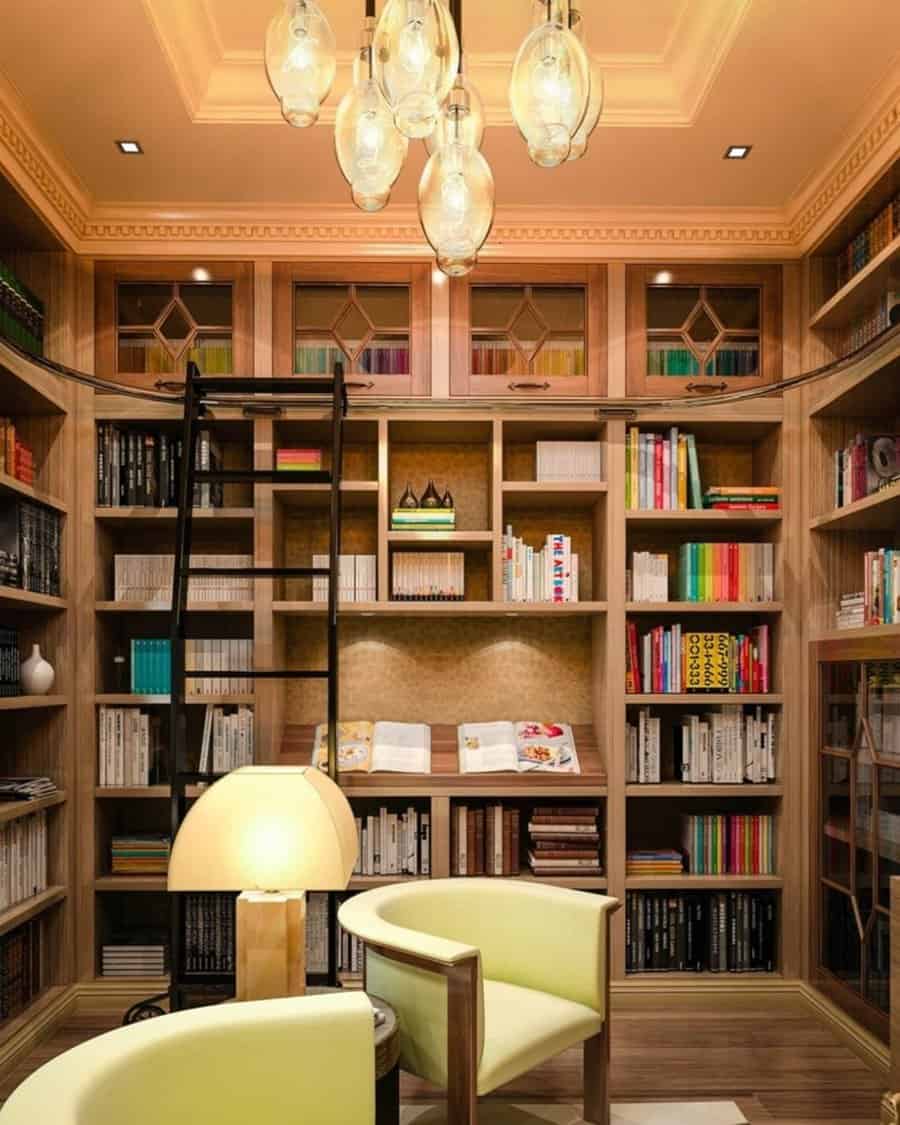 Elegant home library with warm lighting, built-in bookshelves, and a rolling ladder.