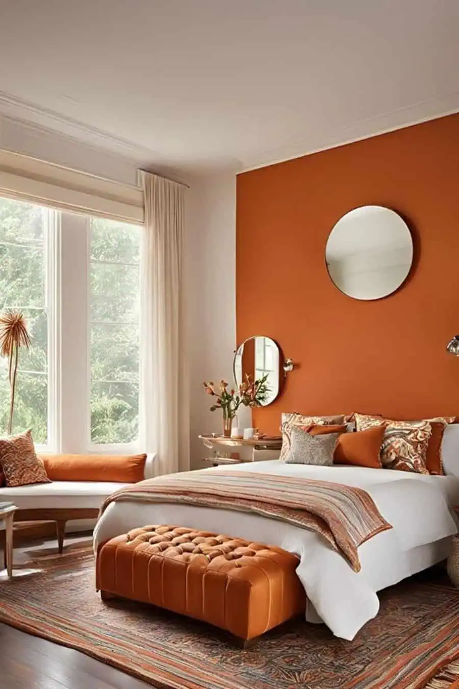 Elegant orange bedroom with a sleek accent wall, simple furnishings, cozy textiles, and natural light.