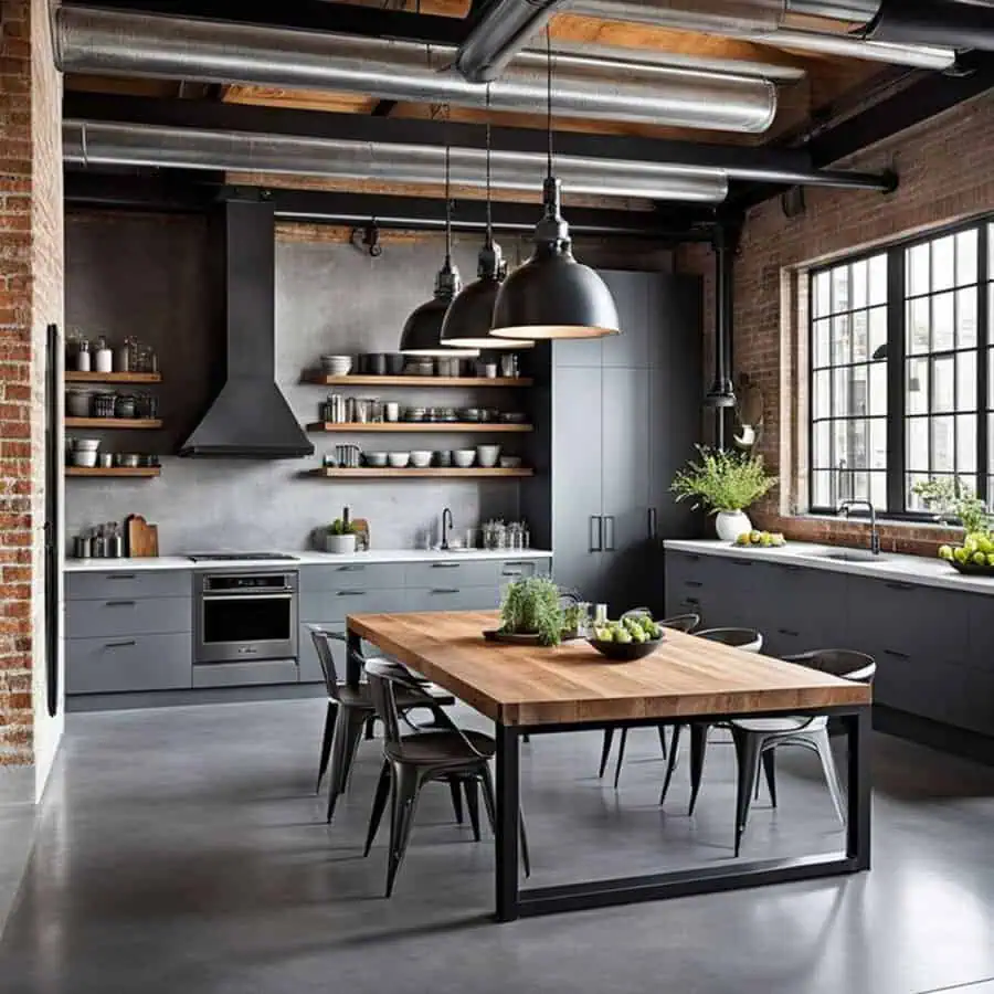 Industrial-style open kitchen with exposed brick, dark cabinetry, and a wood dining table.