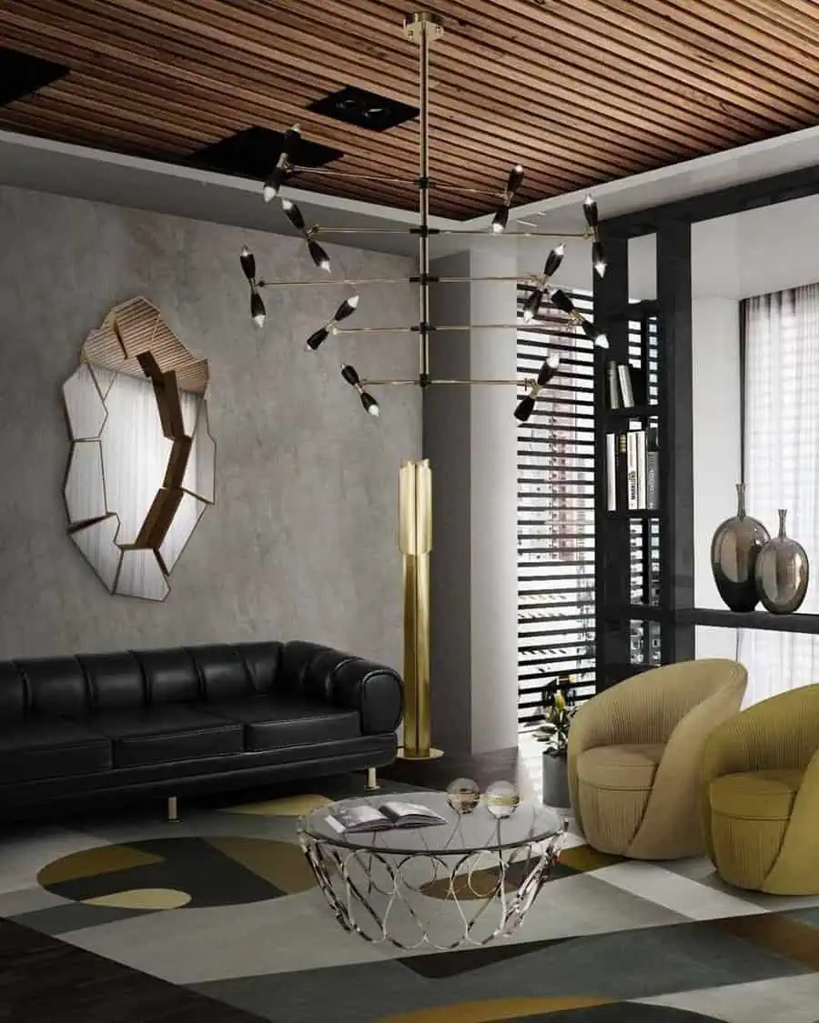 Glamorous art deco mirror reflecting a stylish living room with a modern chandelier and plush seating.