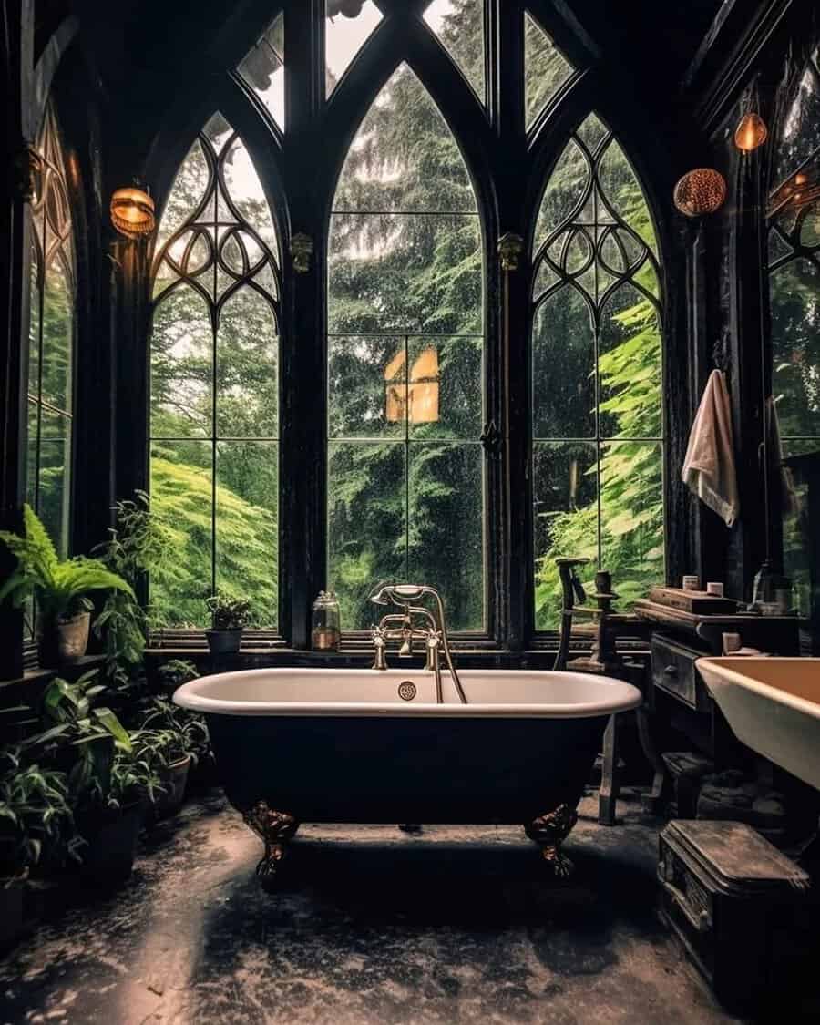 Gothic-style black bathroom with a clawfoot tub, arched windows, and lush greenery.