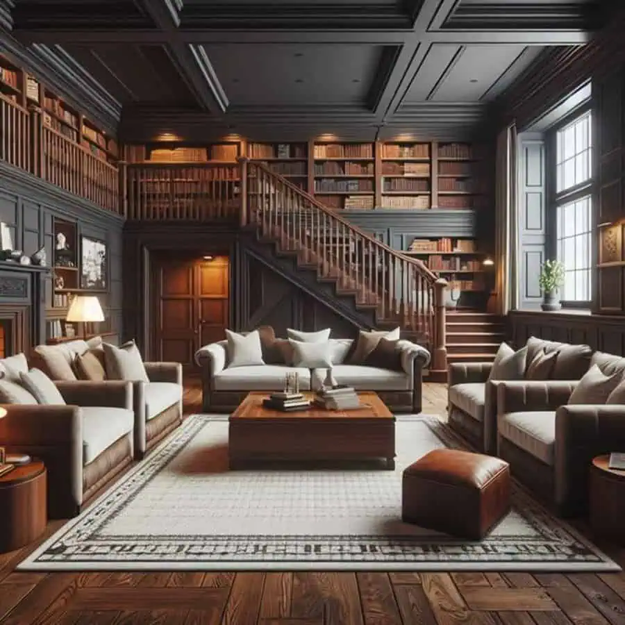 Grand home library with dark wood paneling, a mezzanine bookshelf, and elegant seating.